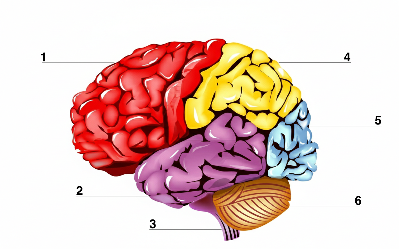 Brain diagram with numbered regions